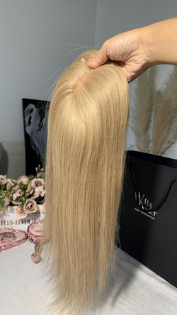 Collection of Virgin Hair 3*5" Silk Base Topper-Skunk Strip Ash in a gallery layout