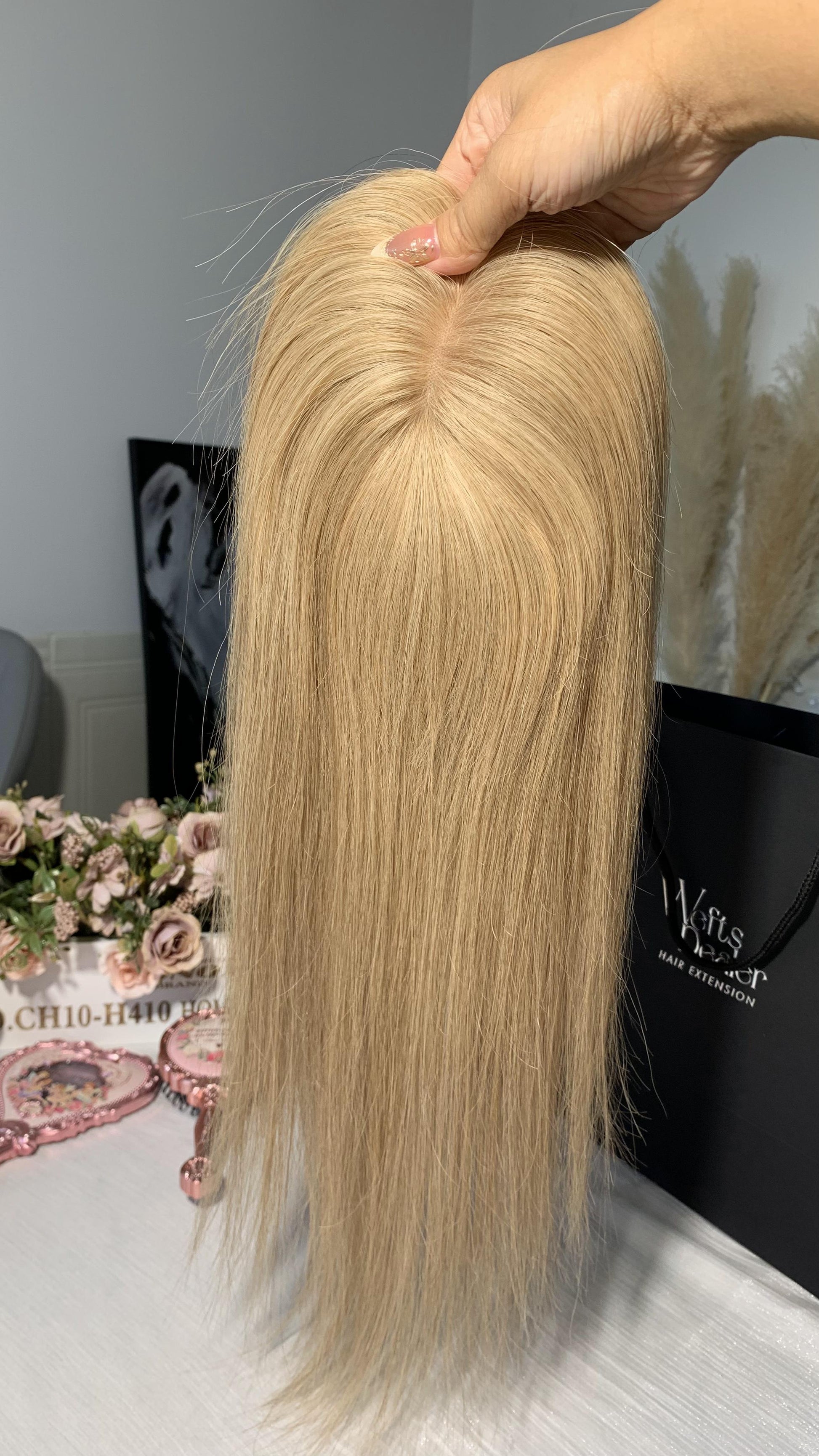 Virgin Hair 3*5" Silk Base Topper-Skunk Strip Ash